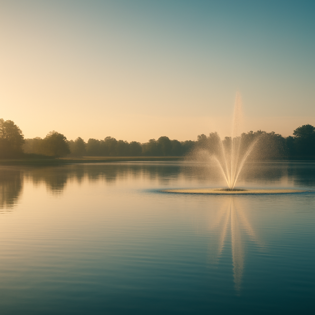 Calm lake with a fountain at golden hour